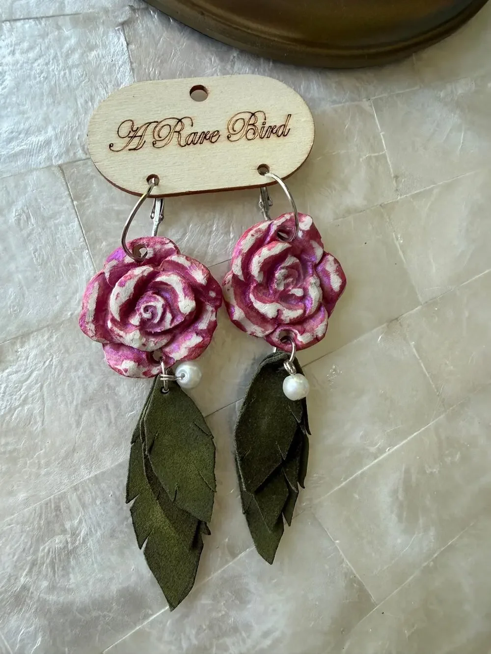 A Rare Bird Rose Leaf Pearl drop Earrings